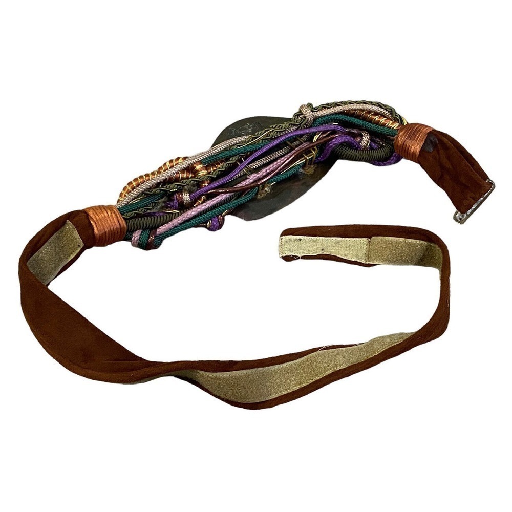 Vintage 80s Boutique Large Stone Rock Braided Rope Knotted Brass Gold Suede Belt - Picture 8 of 10